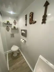 Western wall decor above a toilet inside a High Throne restroom